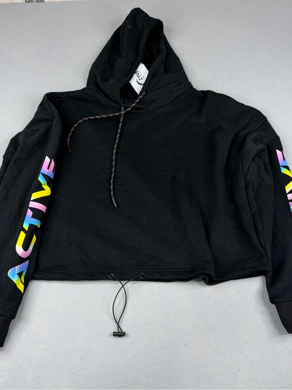 ZYIA Active Ombre Crop Hoodie Womens Large Black Rainbow Logo NWT